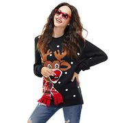 Damen Weihnachtspullover Lustig Unisex Hässliche Pulli Strickpullover Ugly Weihnachtspulli mit weihnachtlichen Motiven für Damen Herren Weihnachtsparty, XXL, Rote Nase Pom Pom-schwarz