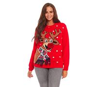 Damen Weihnachtspullover Lustig Unisex Hässliche Pulli Strickpullover Ugly Weihnachtspulli mit weihnachtlichen Motiven für Damen Herren Weihnachtsparty, XL, Rote Nase Pom Pom-rot