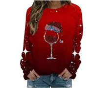 Damen Weihnachtspullover Lustige Grafik, Sweatshirt Mit Weihnachtlichem Farbverlauf Und Schneeflockendruck, Rotweinglas Pullover, Sale Angebote Winterpullover Oberteil Sweater Ugly Christmas