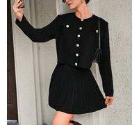 Damen Weinrot klassischer gestrickter Blazer & plissierter Mini-Rock Set