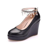 Damen Weiß Pumps Keilabsatz Chunky Anhänger Schuhe Schnalle Thick Plateau Pumps Heels 10.5cm Hochzeit Büro Schuhe (schwarz,39)