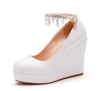 Damen Weiß Pumps Keilabsatz Chunky Anhänger Schuhe Schnalle Thick Plateau Pumps Heels 10.5cm Hochzeit Büro Schuhe (weiß,39)