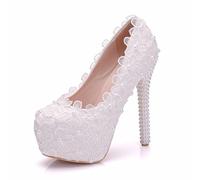 Damen Weiße Strasssteine Spitze Hochhackige Hochzeitsschuhe,Feine Ferse Runde Zehe Braut High Heel Sandalen,wasserdichte Plateau Party High Heels,Weiß,36.5 EU