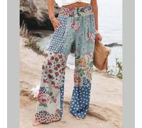 Damen weite Hose mit fließendem Bein, Herbst/Winter Serie, modischer tropischer Blume Muster im Boho-Stil, lange Hose mit Gummibund und Kordelzug, lei