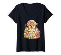 Damen Welsh Corgi Osterei geschlüpft | Niedliche Hunde-Überraschung T-Shirt mit V-Ausschnitt