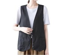 Damen Weste, modisch, lässig, modern, ärmellos, Strickjacke, V-Ausschnitt, lockere Bluse aus Baumwolle und Leinen, Übergröße, lockere Passform(Color:Black,Size:XXL)