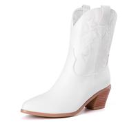 Damen Western Cowboystiefel with Embroidered Mode Retro Klassischer Basic Mid Calf Wide Calf Cowgirl Stiefel für Frauen Mädchen Damen Weiß Große 46