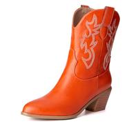 Damen Western Cowboystiefel with Embroidered Mode Retro Klassischer Basic Mid Calf Wide Calf Cowgirl Stiefel für Frauen Mädchen Damen Orange Große 44