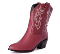 Damen Western Cowboystiefel with Embroidered Mode Retro Klassischer Basic Mid Calf Wide Calf Cowgirl Stiefel für Frauen Mädchen Damen Wine Rot Große 43