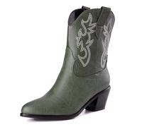 Damen Western Cowboystiefel with Embroidered Mode Retro Klassischer Basic Mid Calf Wide Calf Cowgirl Stiefel für Frauen Mädchen Damen Grün Große 45