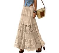 Damen Western Floral Spitze Häkeln Stricken Maxi Boho Rock A-Linie Öse Hippie Flowy Langer Rock (Beige,Einheitsgröße)
