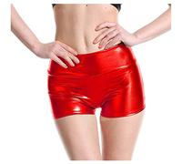Damen Wetlook High Waist Shorts - Kurze Lederhose Skinny Lederoptik Leggins Hotpants Sexy Glanz Hohe Taille PU Kurze Hose Push Up Kunstlederhose (Red #1, XXL)