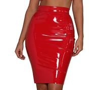 Damen Wetlook Sexy 3/4 Rock Vinyl Knielange Clubwear Party Bodycon Skirt Rock High Waist Minirock Damen Hohe Taille Sexy Midi PU Leder Röcke Lederröcke für Frauen Bleistift Wickelrock
