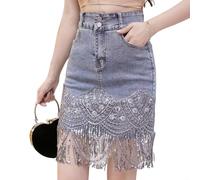 Damen Wickel Hüfte Jeans Röcke Hohe Taille Pailletten Quaste Stickerei Spitze Sexy Casual Jeans Rock Mit Taschen,Blau,L