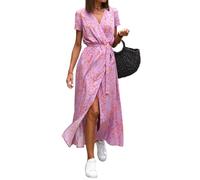 Damen Wickelkleid Midi V Ausschnitt Kurzarm Sommerkleid Damen Lang Blumen Midikleid Elegant A Linie mit Gürtel Sommerkleider Leicht und Luftig Italienische Kleider Frauen Sommer Blumenkleid