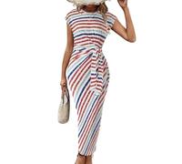 Damen Wickelkleid mit Kurzen Ärmeln Streifen Figurbetont Maxi Businesskleid Rundhalsausschnitt Sommer Maxikleid mit Bindegürtel Formelles Abendkleid für Hochzeiten Abschlussbälle Lange Rote Stre