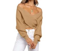 Damen-Wickelpullover mit V-Ausschnitt, Kurze Pullover, Herbst, Lange Ärmel, Kreuz vorne, schulterfrei, solide Strickpullover(Brown,S)