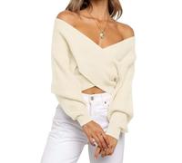 Damen-Wickelpullover mit V-Ausschnitt, Kurze Pullover, Herbst, Lange Ärmel, Kreuz vorne, schulterfrei, solide Strickpullover(White,L)