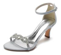Damen Wide Fit Satin Brautschuhe Knöchelriemen Abend Party Pumps Mid Kätzchenabsatz Kleid Sandalen Peeptoe Brautschuhe Mit Strass,Silber,42 EU