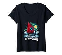 Damen Wikingerschiff mit Aurora und Bergen T-Shirt mit V-Ausschnitt