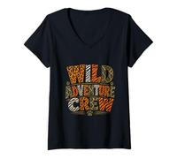 Damen Wild Adventure Crew Tierdruck Typografie T-Shirt mit V-Ausschnitt