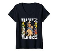 Damen Wild Flowers Wild Horses Western Cowgirl Country T-Shirt mit V-Ausschnitt