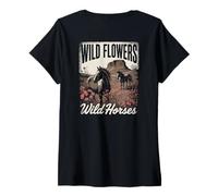 Damen Wild Horses Wildflowers Cowgirl Country Western Rodeos T-Shirt mit V-Ausschnitt