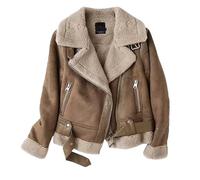 Damen Wildleder Sherpa Lederjacke Warm Fleece Winter Bomberjacke Motorrad Biker Sherpa Gefütterter Mantel Pelzkragen Winter Flieger Ledermantel Windbreaker