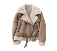 Damen Wildleder Sherpa Lederjacke Warm Fleece Winter Bomberjacke Motorrad Biker Sherpa Gefütterter Mantel Pelzkragen Winter Flieger Ledermantel Windbreaker