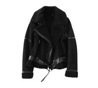 Damen Wildleder Sherpa Lederjacke Warm Fleece Winter Bomberjacke Motorrad Biker Sherpa Gefütterter Mantel Pelzkragen Winter Flieger Ledermantel Windbreaker