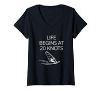 Damen Windsurfing Life Begins At 20 Knots Motivation Windsurf T-Shirt mit V-Ausschnitt