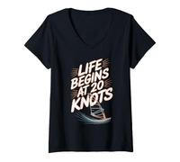 Damen Windsurfing Life Begins At 20 Knots Motivation Windsurf T-Shirt mit V-Ausschnitt