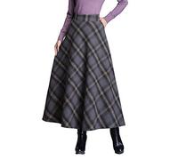 Damen Winter Langen Rock Vintage Karierter Warm Wollrock Hohe Taille Maxi röcke Retro Elegant Herbst Elastische Taille A Linie Casual Party Midi Faltenrock S-3XL Grey XL