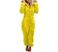 Damen Winter Overall Teddy Fleece Einteiler Warm Elegant Schlafanzug Kuschelig Langarm Einfarbig Pyjama Flauschig Lang Schlafoverall mit Kapuze & Reißverschluss Hausanzug Lässig