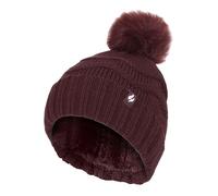 Damen Winter Pelz Beanie Mütze | Wärmehalter | Zickzack gemusterte Pom Pom Hut | Womens Thermal Cuff Bobble Hat - Wein Einheitsgröße