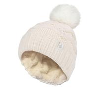 Damen Winter Pelz Beanie Mütze | Wärmehalter | Zickzack gemusterte Pom Pom Hut | Womens Thermal Cuff Bobble Hat - Creme Einheitsgröße
