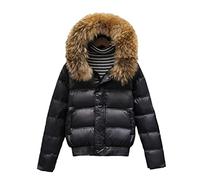 Damen Winter Pelz-Feder-Jacke, Kapuzen-Slim weiße Entendaunen kurze Parkas, Damen Schnee-Außenbekleidung Mantel, Fell schwarz, S