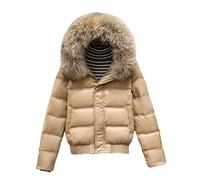 Damen Winter Pelz-Feder-Jacke, mit Kapuze, schmal geschnitten, weiße Entendaunen, kurze Parkas, Damen Schnee-Außenbekleidung Mantel, M