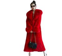 Damen Winter Pelzkragen Mäntel, Damen Kunstpelz Mantel Warme Oberbekleidung Langer Mantel, Damen lockere und lässige Oberbekleidung,Rot,L