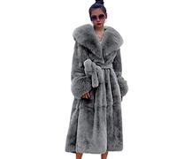 Damen Winter Pelzkragen Mäntel, Damen Kunstpelz Mantel Warme Oberbekleidung Langer Mantel, Damen lockere und lässige Oberbekleidung,Grau,M