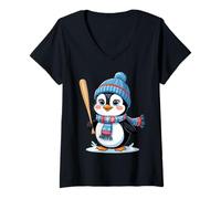 Damen Winter-Pinguin mit Mütze und Baseballschläger Illustration T-Shirt mit V-Ausschnitt
