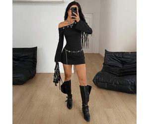 Damen Winter Streetwear Grunge Goth Y2K Punk dehnbares Kleid mit Ösen, asymmetrischer Ausschnitt, Off-Shoulder lange Ärmel, Mini-Kleid