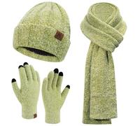 Damen Winter Warm Beanie Mütze Touchscreen Handschuhe und Lang Schal Set mit Fleece Gefütterte, Thermo Wintermütze Strickmütze Schals Winterhandschuhe Strickhandschuhe Frauen Geschenk, Grün