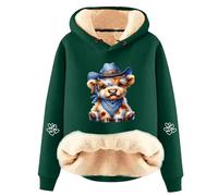 Damen Winter Warmes Sweatshirt Fleece Sherpa Gefütterter Pullover mit Kapuze Cartoon Yak Printed Hoodies mit Kordelzug Lässiger Sportlicher Fleece-Hoodie mit Tasche(Dunkelgrün, 4XL, A006)