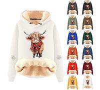Damen Winter Warmes Sweatshirt Fleece Sherpa Gefütterter Pullover mit Kapuze Cartoon Yak Printed Hoodies mit Kordelzug Lässiger Sportlicher Fleece-Hoodie mit Tasche(Beige, XXL, A001)