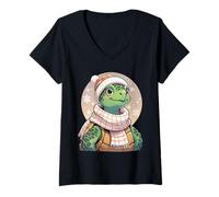 Damen Winterliche Schildkröte mit Mütze und Schal Illustration T-Shirt mit V-Ausschnitt