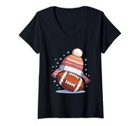 Damen Winterliches Football Motiv mit Strickmütze T-Shirt mit V-Ausschnitt
