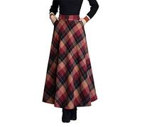 Damen Winterrock Kariert Wollrock Hohe Taille A-Linie Maxirock mit Taschen | Warmer Vintage Midirock mit glattem weichem Futter fließende elegante Herbstmode für Damen im Alltag