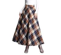Damen Winterrock Kariert Wollrock Hohe Taille A-Linie Maxirock mit Taschen | Warmer Vintage Midirock mit glattem weichem Futter fließende elegante Herbstmode für Damen im Alltag