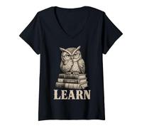 Damen Wise Owl Learn Books Student Back to School Reading T-Shirt mit V-Ausschnitt